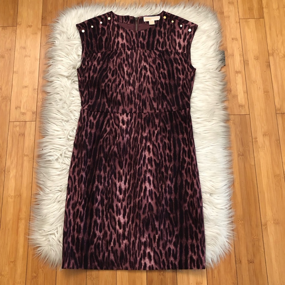 Michael Kors Pink Leopard Print Gold Studs Sleeveless Plum Sheath Dress size 4/6